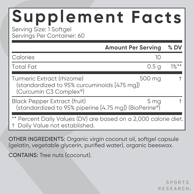 Sports Research Turmeric Curcumin C3 Complex - Softgels with Bioperine Black Pepper Extract & Organic Coconut Oil, Standardized 95% Curcuminoids - Non-GMO Verified & Gluten Free - 500mg, 60 Count