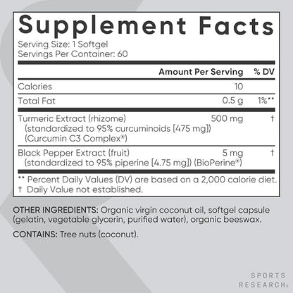 Sports Research Turmeric Curcumin C3 Complex - Softgels with Bioperine Black Pepper Extract & Organic Coconut Oil, Standardized 95% Curcuminoids - Non-GMO Verified & Gluten Free - 500mg, 60 Count