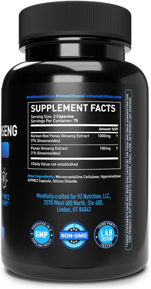 Vela Red Korean Panax Ginseng Supplement 1,100mg per 3rd Party 150 Capsules