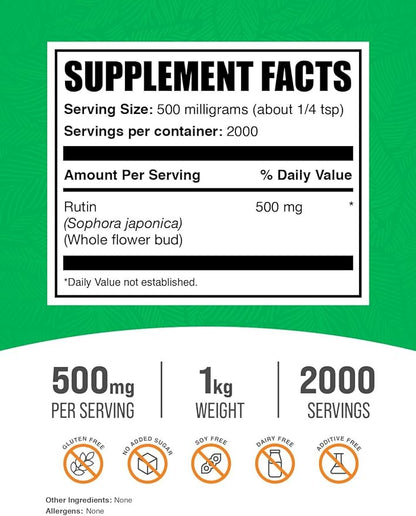 BulkSupplements.com Rutin Powder - from Sophora Japonica, Rutin Supplement, Rutin 500mg - Antioxidants Source, Soy Free, 500mg per Serving, 1kg (2.2 lbs) (Pack of 1)