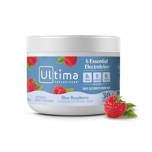 Ultima Replenisher Daily Electrolyte Powder Drink Mix – Blue Raspberry, 30 Servings – Hydration Powder with 6 Electrolytes and Trace Minerals – Keto Friendly, Vegan, Non-GMO and Sugar-Free