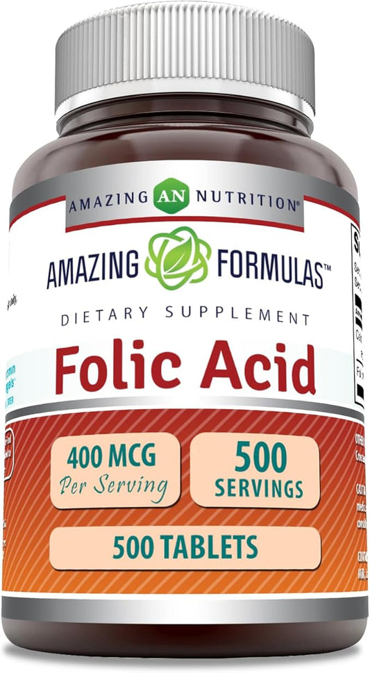 Amazing Formulas Folic Acid (Vitamin B9) 400 Mcg Supplement | 500 Tablets | Non-GMO | Gluten Free | Made in USA