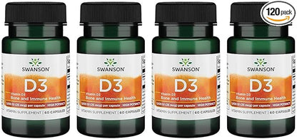 Swanson High Potency Vitamin D-3 1000 (25 mcg) 60 Capsules (4 Pack)