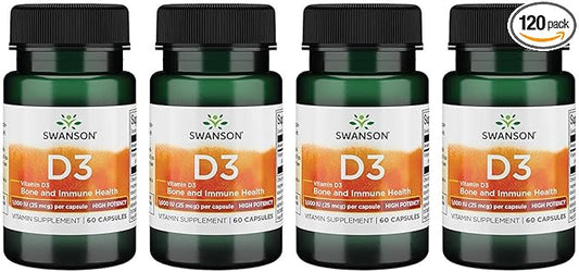 Swanson High Potency Vitamin D-3 1000 (25 mcg) 60 Capsules (4 Pack)