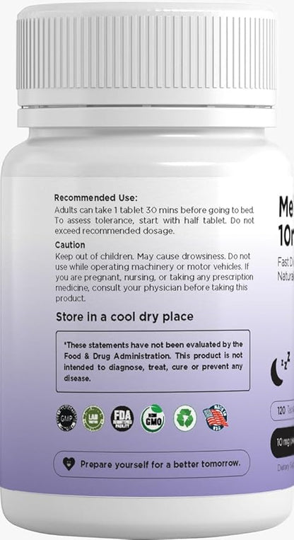 Melatonin 10mg, 100% Drug Free, Fast-Dissolve 120 Tablets