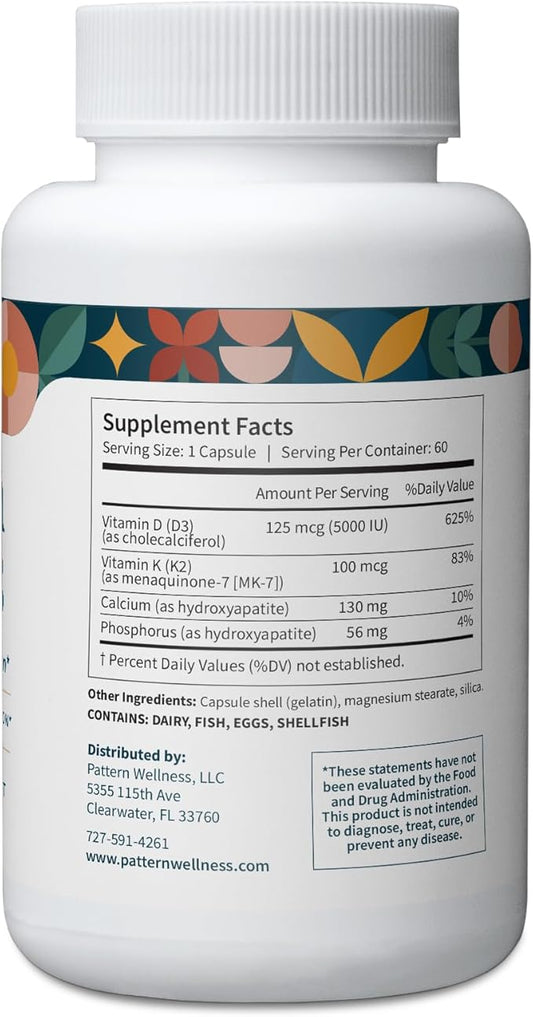 Pattern Wellness Vitamin K2 & D3 Supplement with Calcium - Pure Synergistic Complex - Whole Body Health - Bone Health & Cardiovascular Support - 60 Capsules