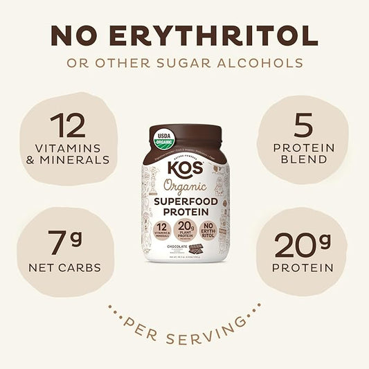KOS Vegan Protein Powder Erythritol Free, Chocolate 28 Servings