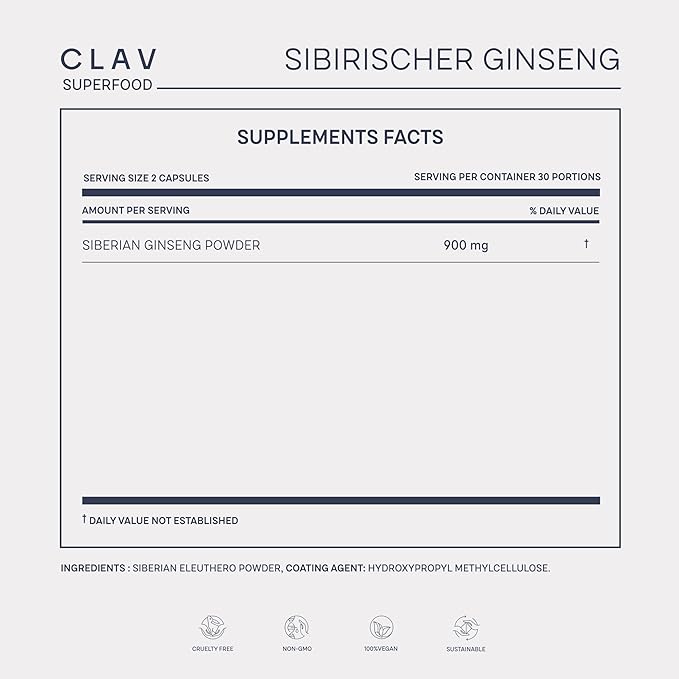 CLAV® Siberian Ginseng 900mg Eleuthero 60 Ginseng