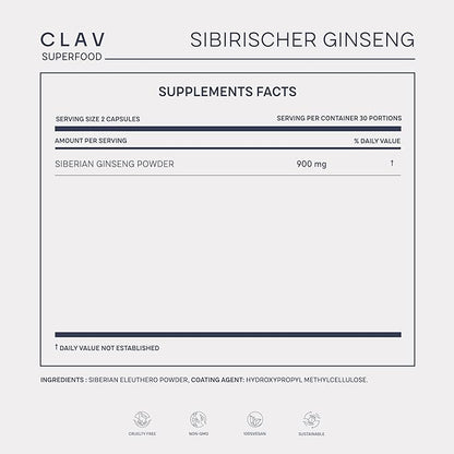 CLAV® Siberian Ginseng 900mg Eleuthero 60 Ginseng