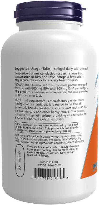 NOW Supplements, Ultra Omega 3-D™, Omega-3 D-3, Cardiovascular 180 Softgels
