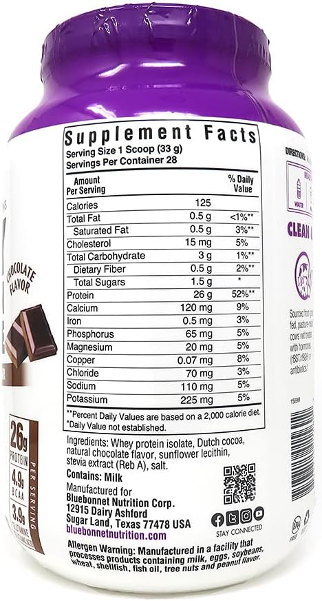 BlueBonnet 100% Natural Whey Protein Isolate Powder, Chocolate, 2 Pound