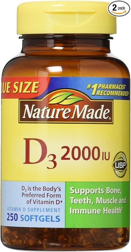 Nature Made, Vitamin D3 2,000 I.U. Liquid Softgels, 250-Count (Pack of 2)