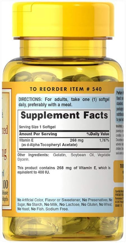 Puritan's Pride Vitamin E 268 mg 400 IU 100 Count