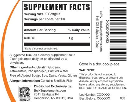 BulkSupplements.com Krill Oil 1000mg Softgels 3, 2 2 Krill (1000mg), 120 120 Softgels