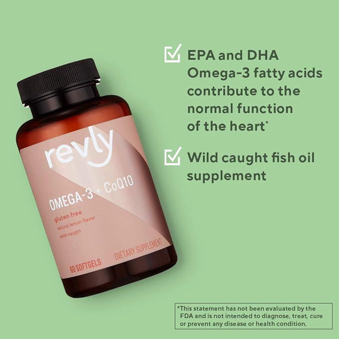 Amazon Brand - Revly Omega 3 CoQ10 with Omega-3 fatty 60 Softgels (1250 mg 3s and 100 mg CoQ10 per
