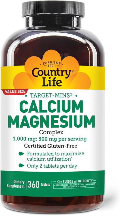 Country Life Target-Mins Calcium Magnesium Supplement for Bone Health, 1000mg Calcium, 500mg Magnesium, Gluten Free, 2:1 Ratio for Optimal Utilization
