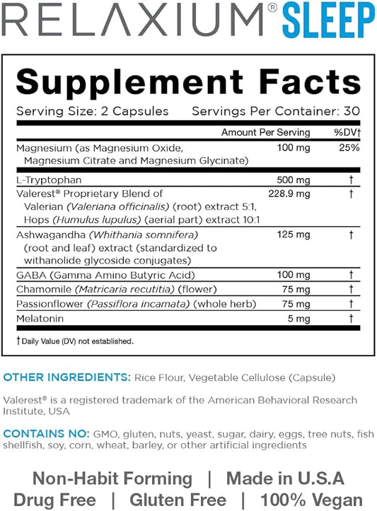 Relaxium Sleep Aid (New and Improved), Dietary Supplement, Non-Habit Forming, Supports Longer and Better Sleep, 60 Capsules, 30-Day Supply