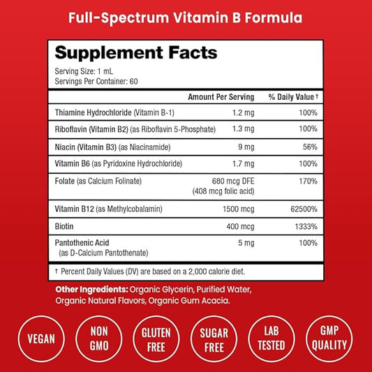 NutraChamps Vitamin B Complex Liquid Drops | B Vitamins Complex Supplement with B1, B2, B3, B6, B7, B9 & Methyl B12 Drops for Adults & Kids | Vegan Berry Flavor 2oz | 60 Servings / 2 Month Supply