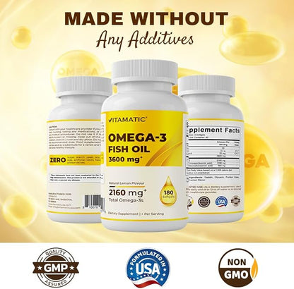 Vitamatic Triple Strength Omega 3 Fish 3600mg Per 2160mg Omega 3 Fatty 1296mg EPA 864mg DHA, 180 Softgels