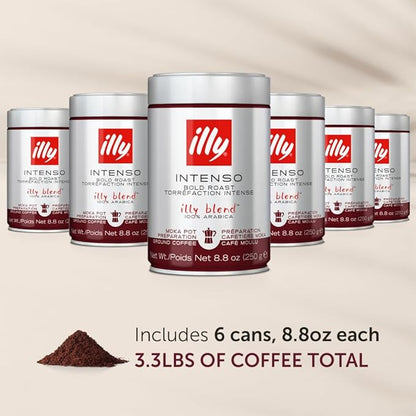 illy Ground Coffee Moka - 100% Arabica Flavored Coffee Ground - Rich Aromatic Coffee Grounds Profile – Intenso Dark Roast – Warm Notes of Cocoa & Dried Fruit - No Preservatives – 8.8 Ounce, 6 Pack
