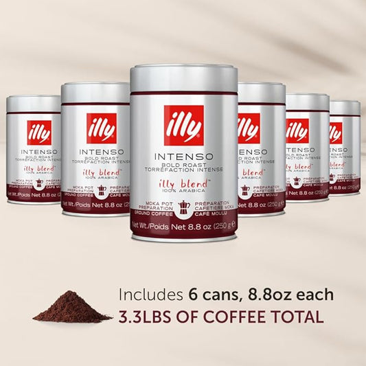 illy Ground Coffee Moka - 100% Arabica Flavored Coffee Ground - Rich Aromatic Coffee Grounds Profile – Intenso Dark Roast – Warm Notes of Cocoa & Dried Fruit - No Preservatives – 8.8 Ounce, 6 Pack
