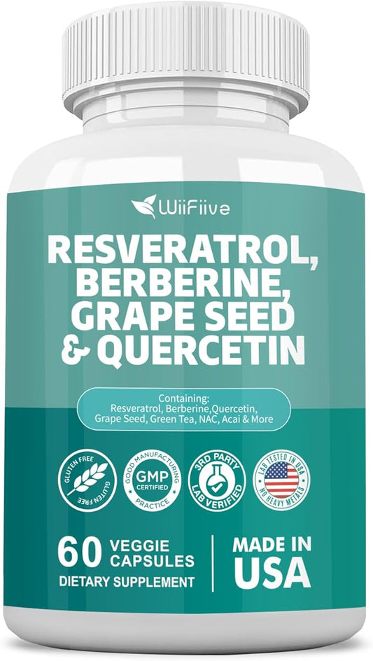 New Resveratrol 6000mg Berberine 3000mg Grape 3000mg Quercetin 4000mg,Polyphenol Supplement 60 Capsules