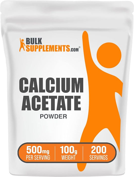 BulkSupplements.com Calcium Acetate Powder - Calcium Supplement, Calcium Acetate Supplement - Food Grade & Gluten Free, 500mg (125mg Calcium) per Serving, 100g (3.5 oz) (Pack of 1)