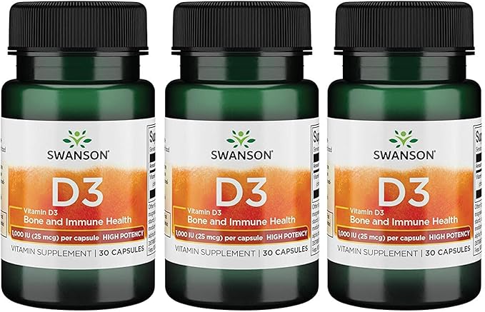 Swanson High Potency Vitamin D-3 1000 (25 mcg) 30 Capsules (3 Pack)