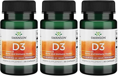 Swanson High Potency Vitamin D-3 1000 (25 mcg) 30 Capsules (3 Pack)