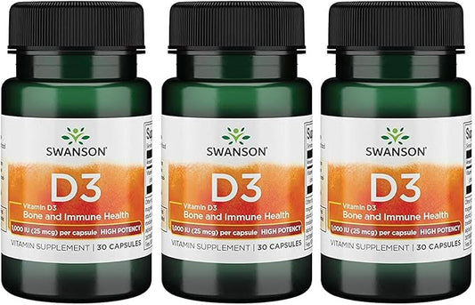Swanson High Potency Vitamin D-3 1000 (25 mcg) 30 Capsules (3 Pack)