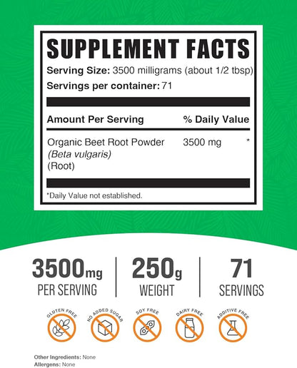 BulkSupplements.com Organic Beet Root Powder - Beet Powder Organic, Beetroot Supplement - Superfood Supplement, Vegan & Gluten Free - 3500mg per Serving, 250g (8.8 oz) (Pack of 1)
