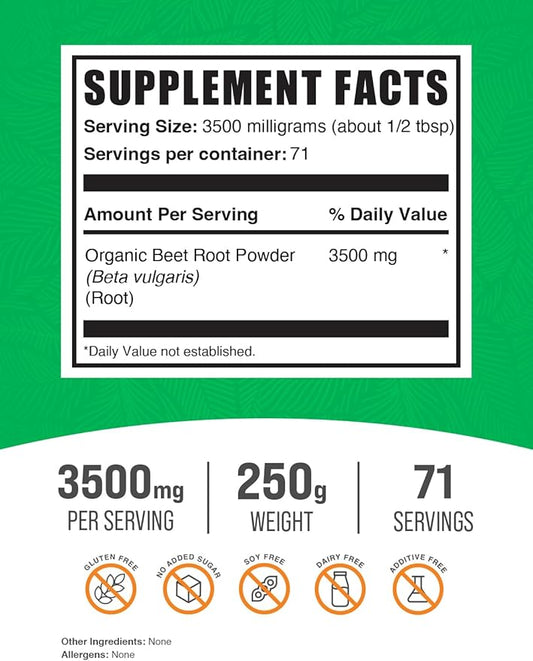 BulkSupplements.com Organic Beet Root Powder - Beet Powder Organic, Beetroot Supplement - Superfood Supplement, Vegan & Gluten Free - 3500mg per Serving, 250g (8.8 oz) (Pack of 1)
