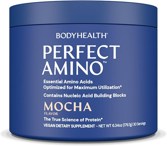 BodyHealth PerfectAmino Powder - BCAA and EAA Powder for Pre and Post Workout - Amino Acid Energy Drink Powder for Men and Women to Support Lean Muscle and Recovery - Mocha - 30 Servings