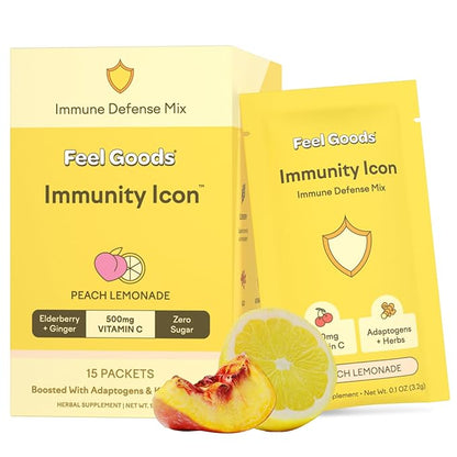 Feel Goods Immunity Icon, Zero Sugar, Vitamin C, A, B, D, E & Zinc, Organic Elderberry, Ashwagandha, Drink Mix Powder, Vegan, Non GMO, Caffeine & Gluten Free | Peach Lemonade, 15 Count