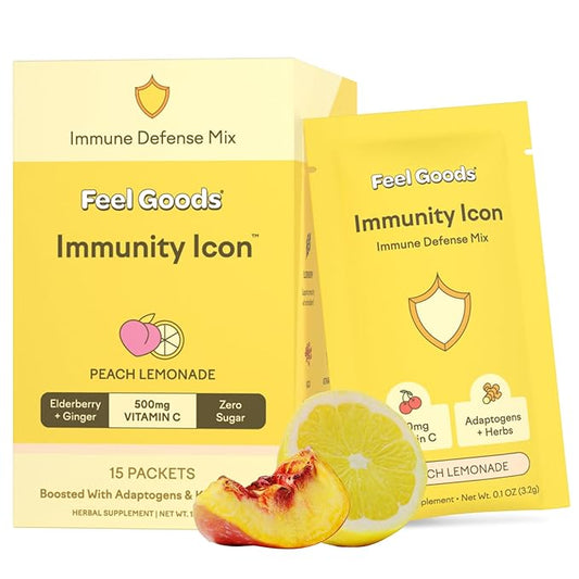 Feel Goods Immunity Icon, Zero Sugar, Vitamin C, A, B, D, E & Zinc, Organic Elderberry, Ashwagandha, Drink Mix Powder, Vegan, Non GMO, Caffeine & Gluten Free | Peach Lemonade, 15 Count
