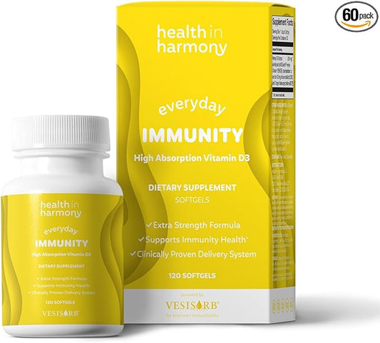 Everyday Immunity 4000 iu Vitamin D3 Supplement - Fast Acting Immune Support Supplement for Bone/Cellular Health - Non GMO, Dietary Supplements - Utilizes Vesisorb® (60 softgels)