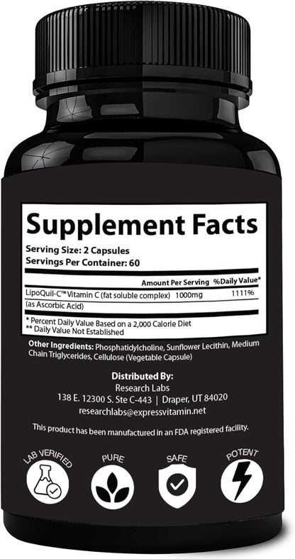 Research Labs Liposomal Vitamin C Supplement w/Enhanced Absorption LipoQuil-C™ | 120 Capsules Immune Support Collagen Booster | High Dose Fat Soluble Vita C 1000mg Buffered | Non GMO, Vegan Pills