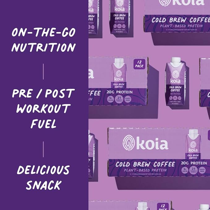 Koia - Plant Based Protein Shake - Cold Brew Coffee - 20g Protein, 3g Sugar, 6g Prebiotic Fiber, 21 Vitamins & Minerals - Dairy Free, Soy Free, Non GMO - Meal Replacement Drinks - 11 fl oz, 12 Bottles