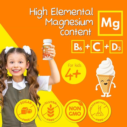 Chewable Magnesium for Kids, Relaxation and Calm Formula, Glycinate, Citrate, Taurate, Vitamin B6, D, C, Natural Vanilla Flavor, Sugar Free, Gluten Free, Non-GMO, 60 Chewable Tablets