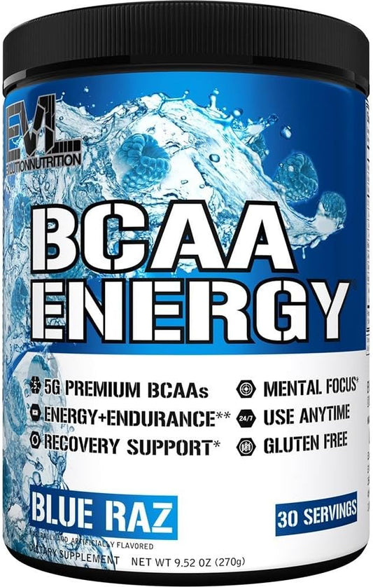 EVL BCAAs Amino Acids Powder - BCAA Energy Pre Workout Powder for Muscle Recovery Lean Growth and Endurance - Rehydrating BCAA Powder Post Workout Recovery Drink with Natural Caffeine - Blue Raz