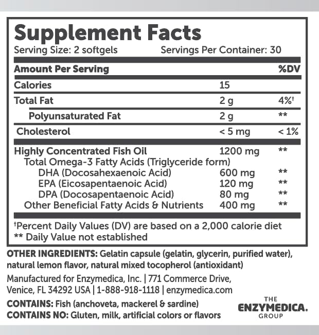 Enzymedica High Potency Fish Oil, EPA 3 Supplement 1 Month 3 Fatty 3 Fish 60 Softgels