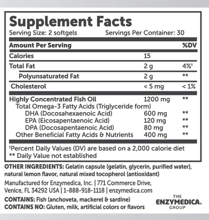 Enzymedica High Potency Fish Oil, EPA 3 Supplement 1 Month 3 Fatty 3 Fish 60 Softgels