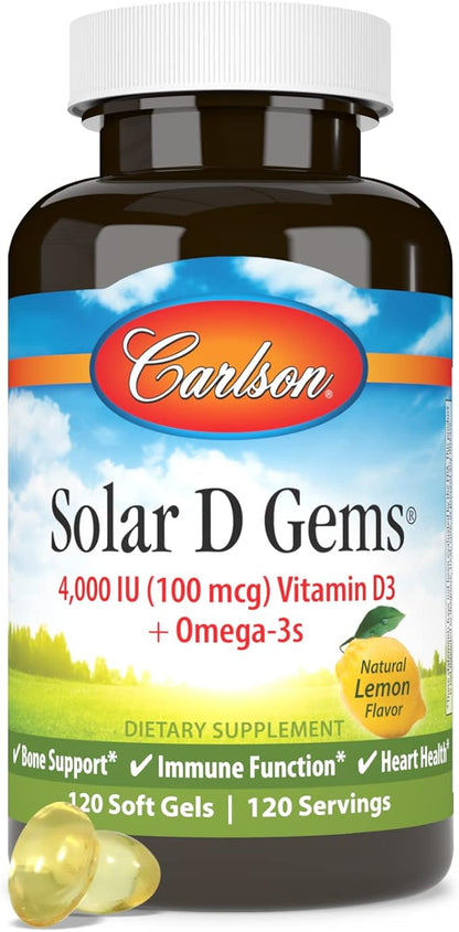 Carlson - Solar D Gems, Vitamin D3 and Omega-3 Supplement, 4000 IU (100 mcg) D3, 115 mg Omega-3 EPA and DHA, Vitamin D Fish Oil Capsule, Bone & Immune Health, Vitamin D Supplement, Lemon, 120 Softgels