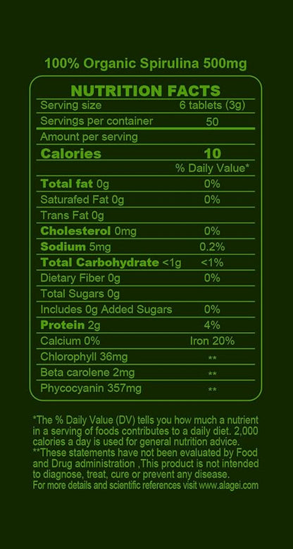 Certified 100% Organic Spirulina Tablets 500mg,300 B-12 with