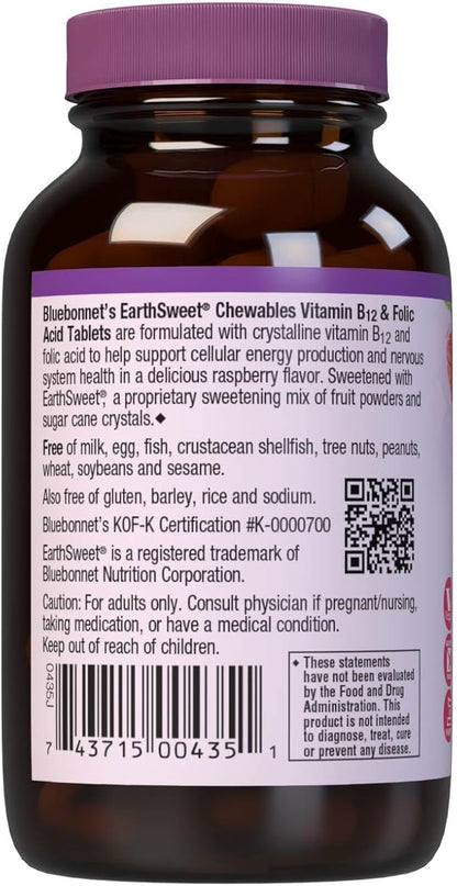 Bluebonnet Nutrition Earth Sweet Vitamin B12 & Folic Acid Chewable Tablets, Cream Raspberry 180 Count (Pack of 1)