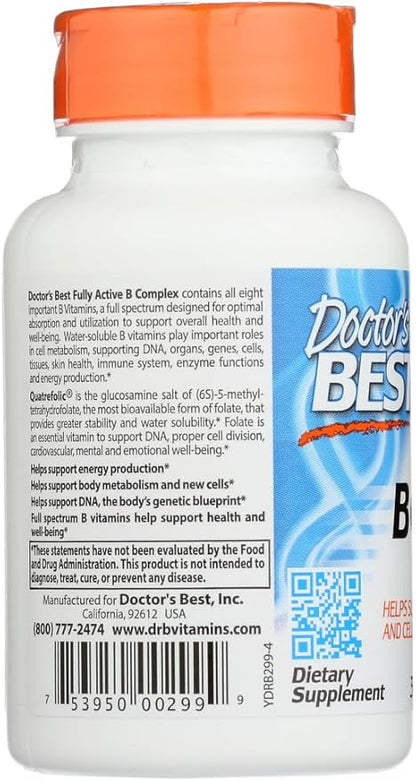 Doctors Best Fully Active B Complex, Energy & Cellular Support, Non-GMO, Gluten Free, Soy Free, Vegan 30 Veggie Caps
