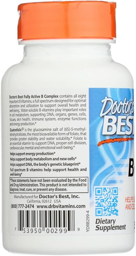Doctors Best Fully Active B Complex, Energy & Cellular Support, Non-GMO, Gluten Free, Soy Free, Vegan 30 Veggie Caps