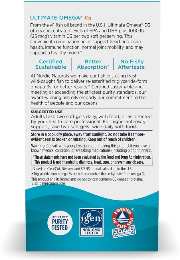 Nordic Naturals Ultimate Omega-D3, Lemon Flavor 90 Soft 1280 mg Omega-3 + 1000 IU D3 - Omega-3 Fish 45 Servings