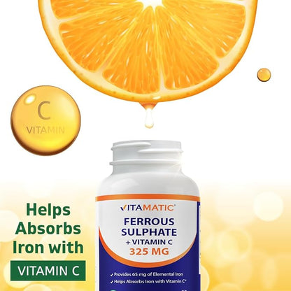 Vitamatic Ferrous Sulphate 325 mg + Vitamin C 100 mg - (65 mg Elemental Iron) High Potency Iron Supplement | No Artificial Color Additives - 250 Coated Tablets - Made in USA
