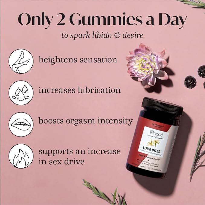 Winged Wellness Love Bites - in The Mood Organic Gluten Free, Non GMO Formula Designed by Women for Women - Stress Management + Feeling Hot Energy - 50 ct.